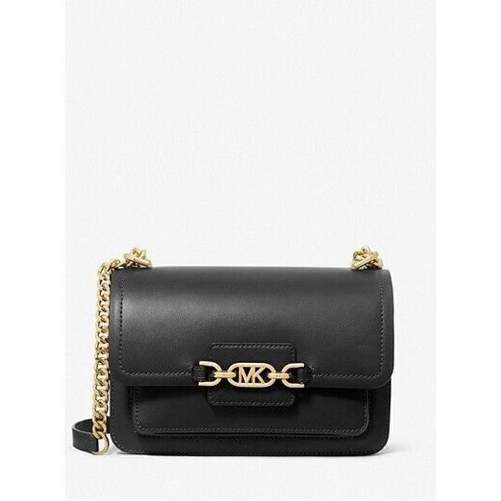 Michael Kors Heather Large Shoulder Bag Black Leather Logo Crossbody Gold Chain